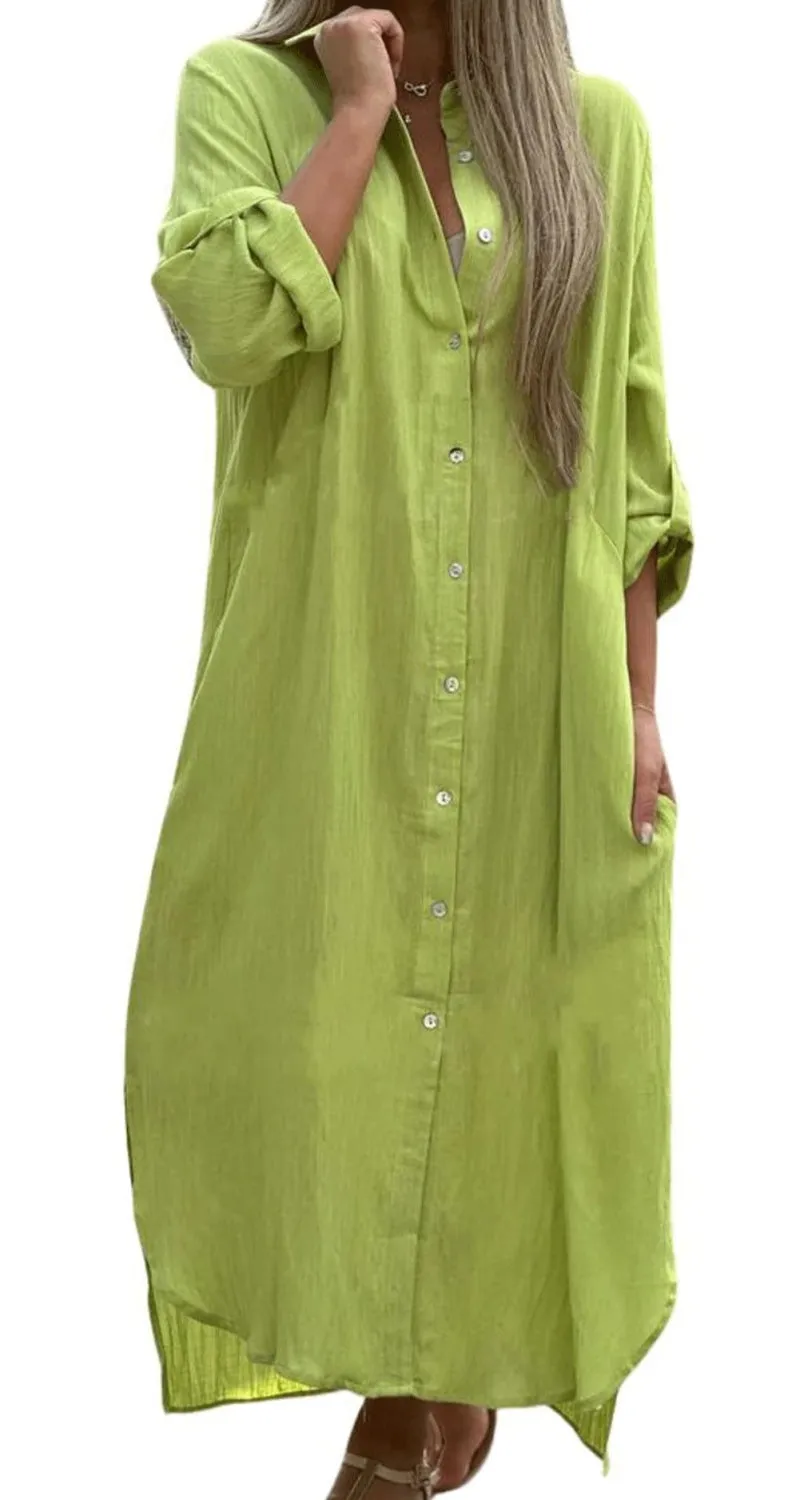 Chouyatou Summer Dresses for Women 2025 Casual Loose Split Long Sleeve Button Down Maxi Shirt Dress