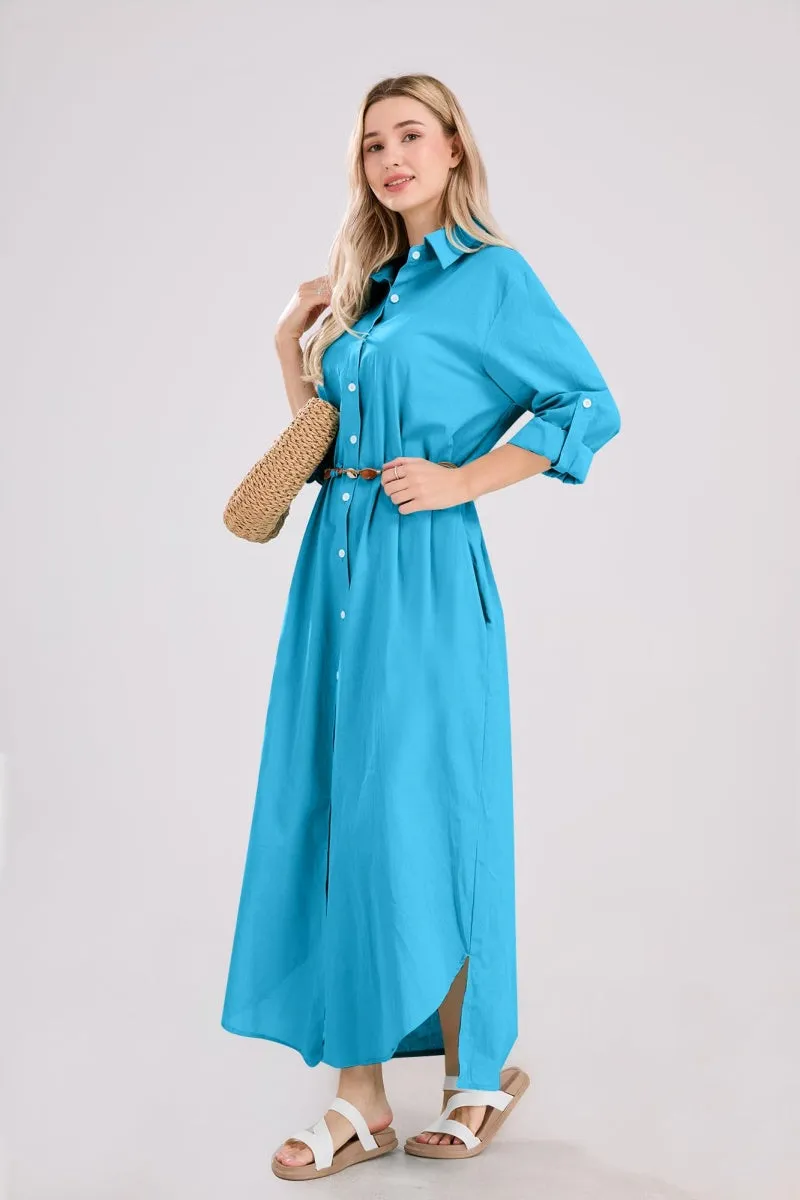 Chouyatou Summer Dresses for Women 2025 Casual Loose Split Long Sleeve Button Down Maxi Shirt Dress