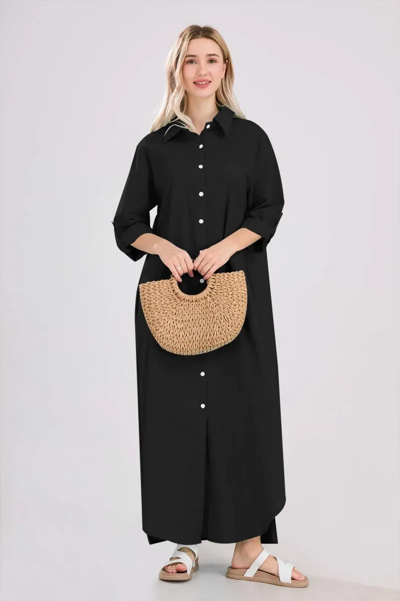 Chouyatou Summer Dresses for Women 2025 Casual Loose Split Long Sleeve Button Down Maxi Shirt Dress