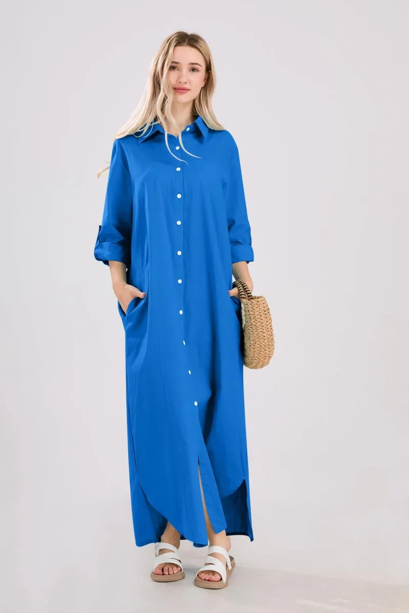 Chouyatou Summer Dresses for Women 2025 Casual Loose Split Long Sleeve Button Down Maxi Shirt Dress