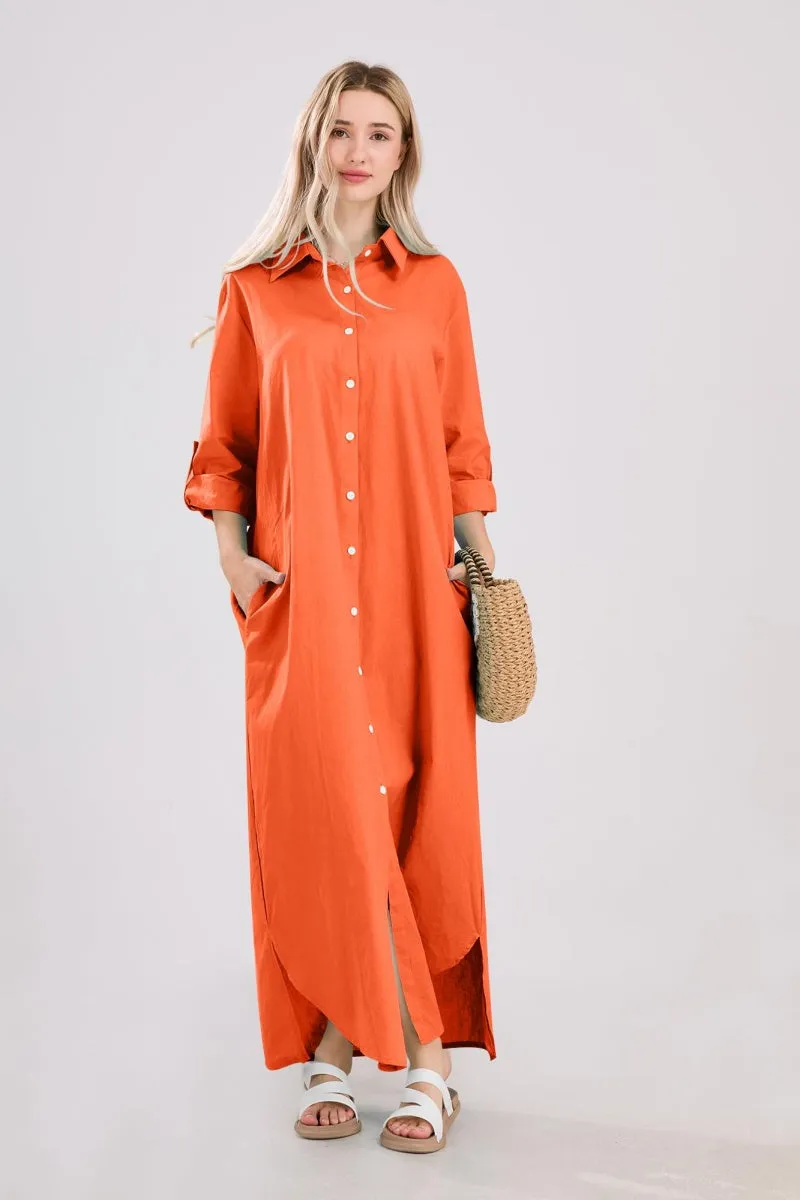 Chouyatou Summer Dresses for Women 2025 Casual Loose Split Long Sleeve Button Down Maxi Shirt Dress