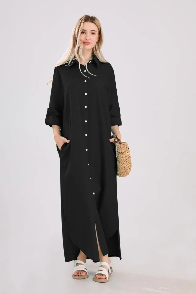 Chouyatou Summer Dresses for Women 2025 Casual Loose Split Long Sleeve Button Down Maxi Shirt Dress