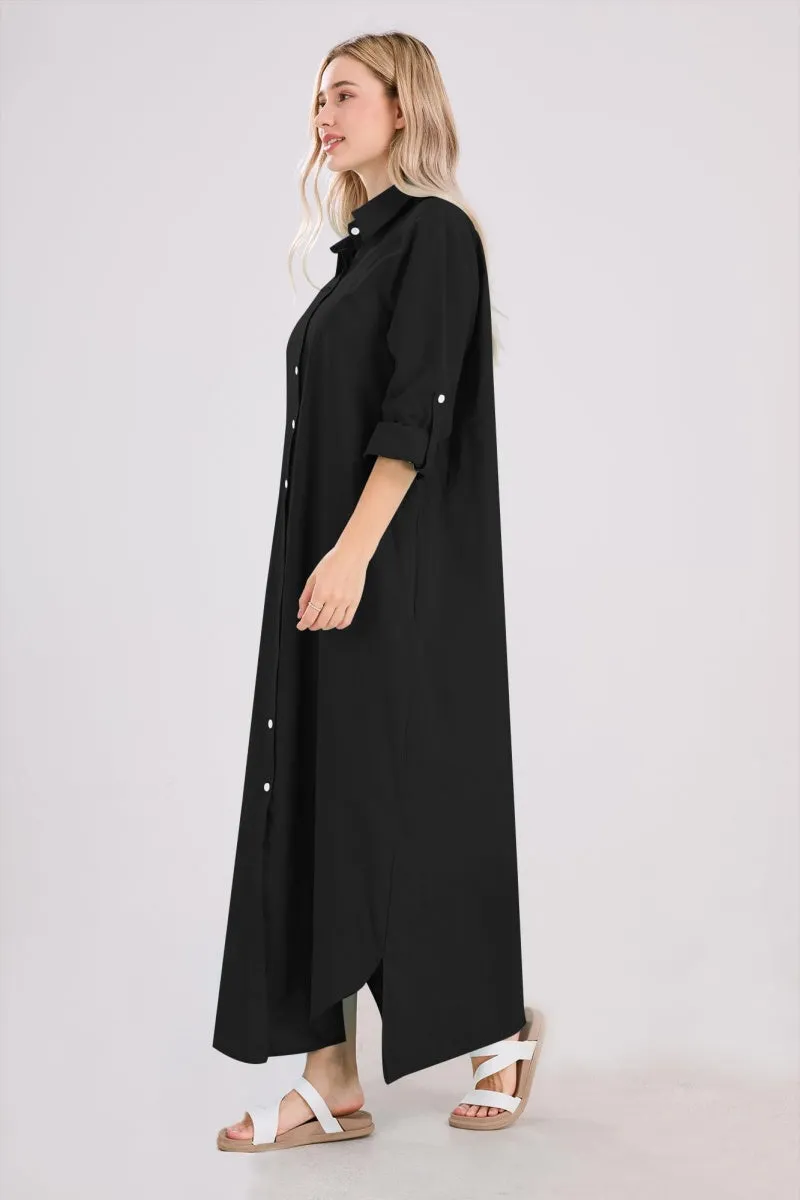 Chouyatou Summer Dresses for Women 2025 Casual Loose Split Long Sleeve Button Down Maxi Shirt Dress