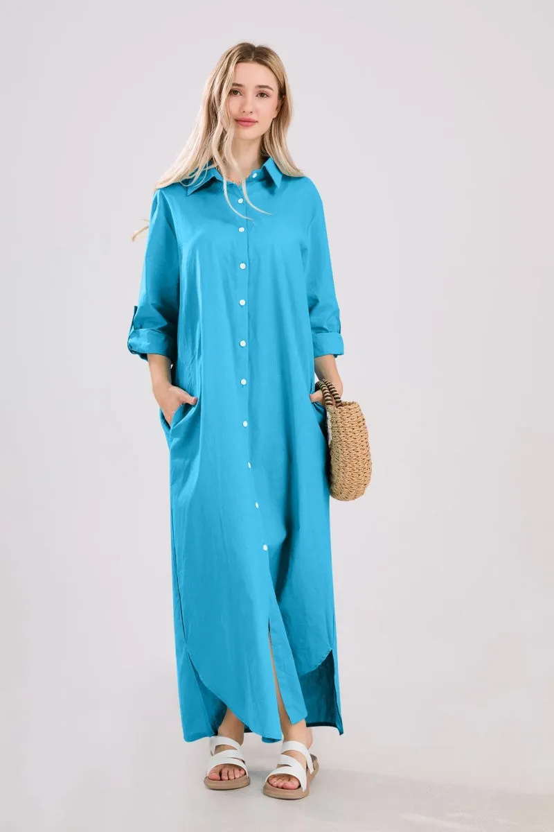 Chouyatou Summer Dresses for Women 2025 Casual Loose Split Long Sleeve Button Down Maxi Shirt Dress