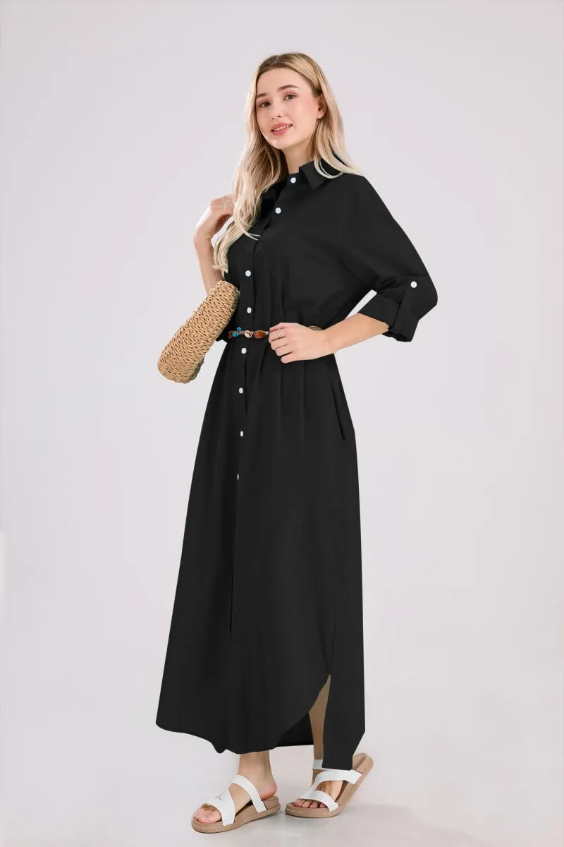 Chouyatou Summer Dresses for Women 2025 Casual Loose Split Long Sleeve Button Down Maxi Shirt Dress