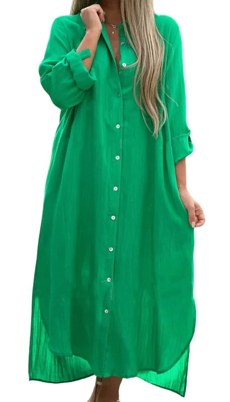 Chouyatou Summer Dresses for Women 2025 Casual Loose Split Long Sleeve Button Down Maxi Shirt Dress