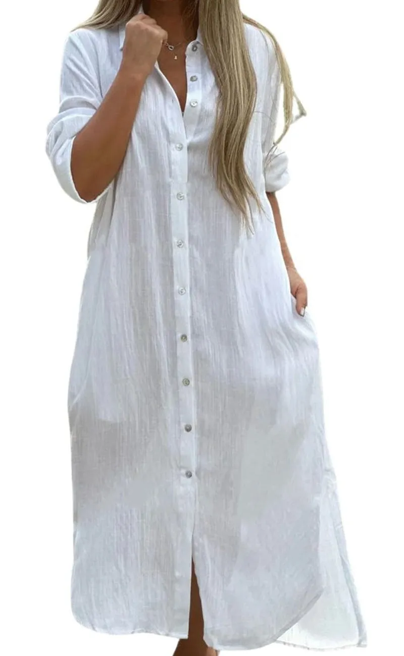 Chouyatou Summer Dresses for Women 2025 Casual Loose Split Long Sleeve Button Down Maxi Shirt Dress