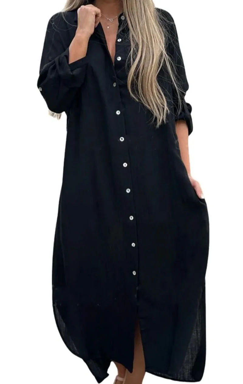 Chouyatou Summer Dresses for Women 2025 Casual Loose Split Long Sleeve Button Down Maxi Shirt Dress