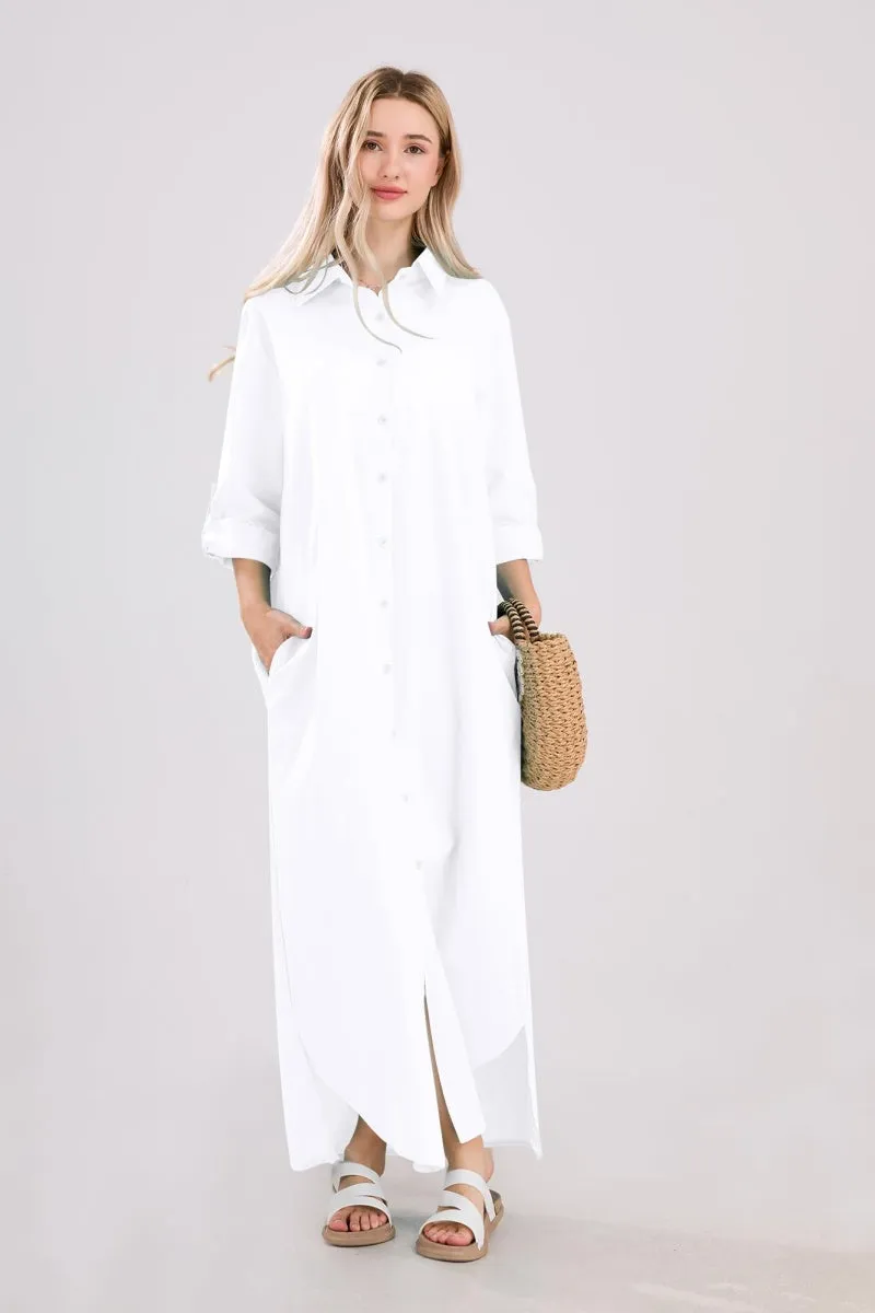 Chouyatou Summer Dresses for Women 2025 Casual Loose Split Long Sleeve Button Down Maxi Shirt Dress