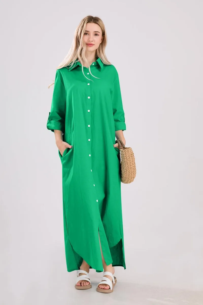 Chouyatou Summer Dresses for Women 2025 Casual Loose Split Long Sleeve Button Down Maxi Shirt Dress