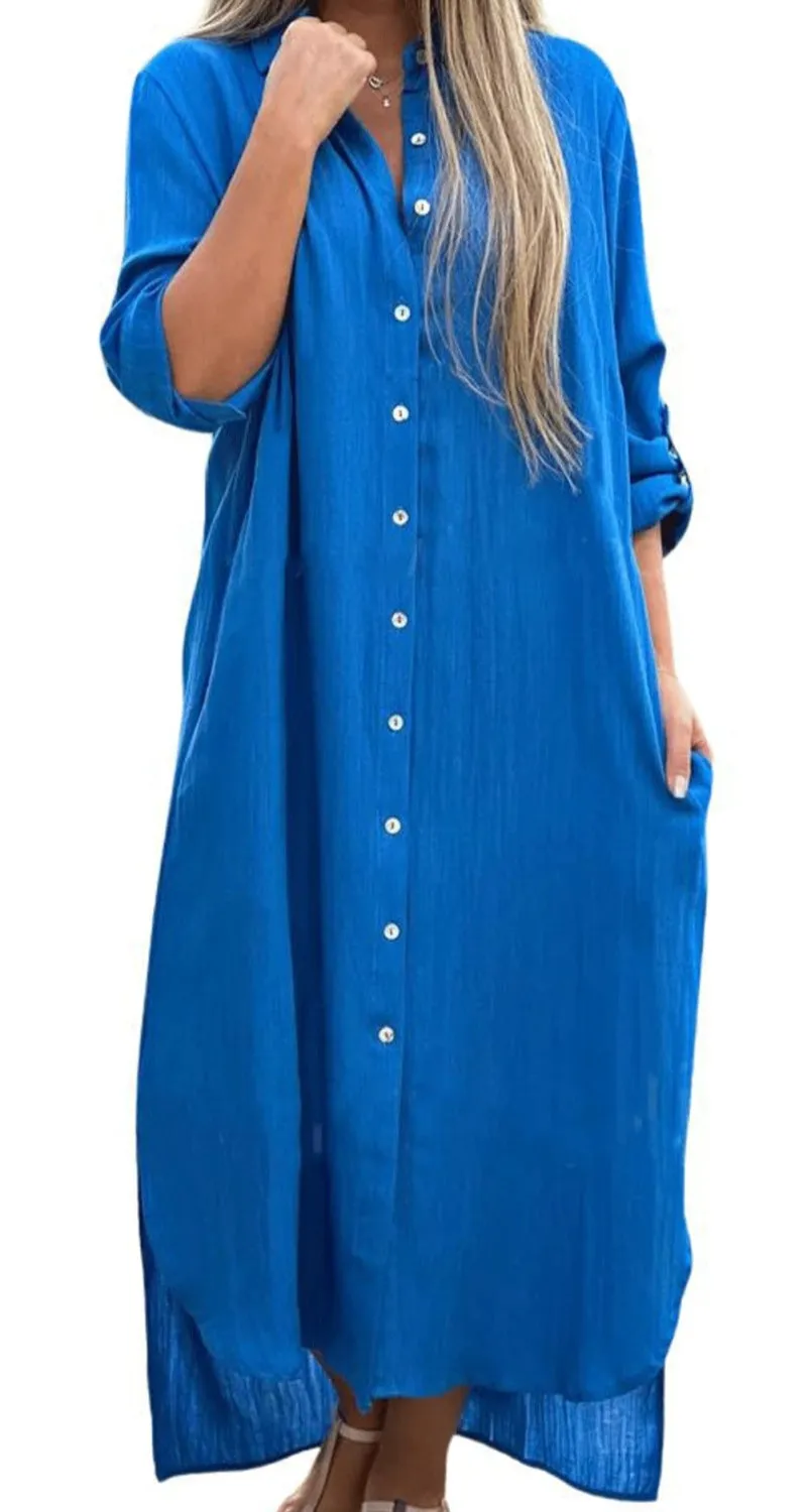 Chouyatou Summer Dresses for Women 2025 Casual Loose Split Long Sleeve Button Down Maxi Shirt Dress