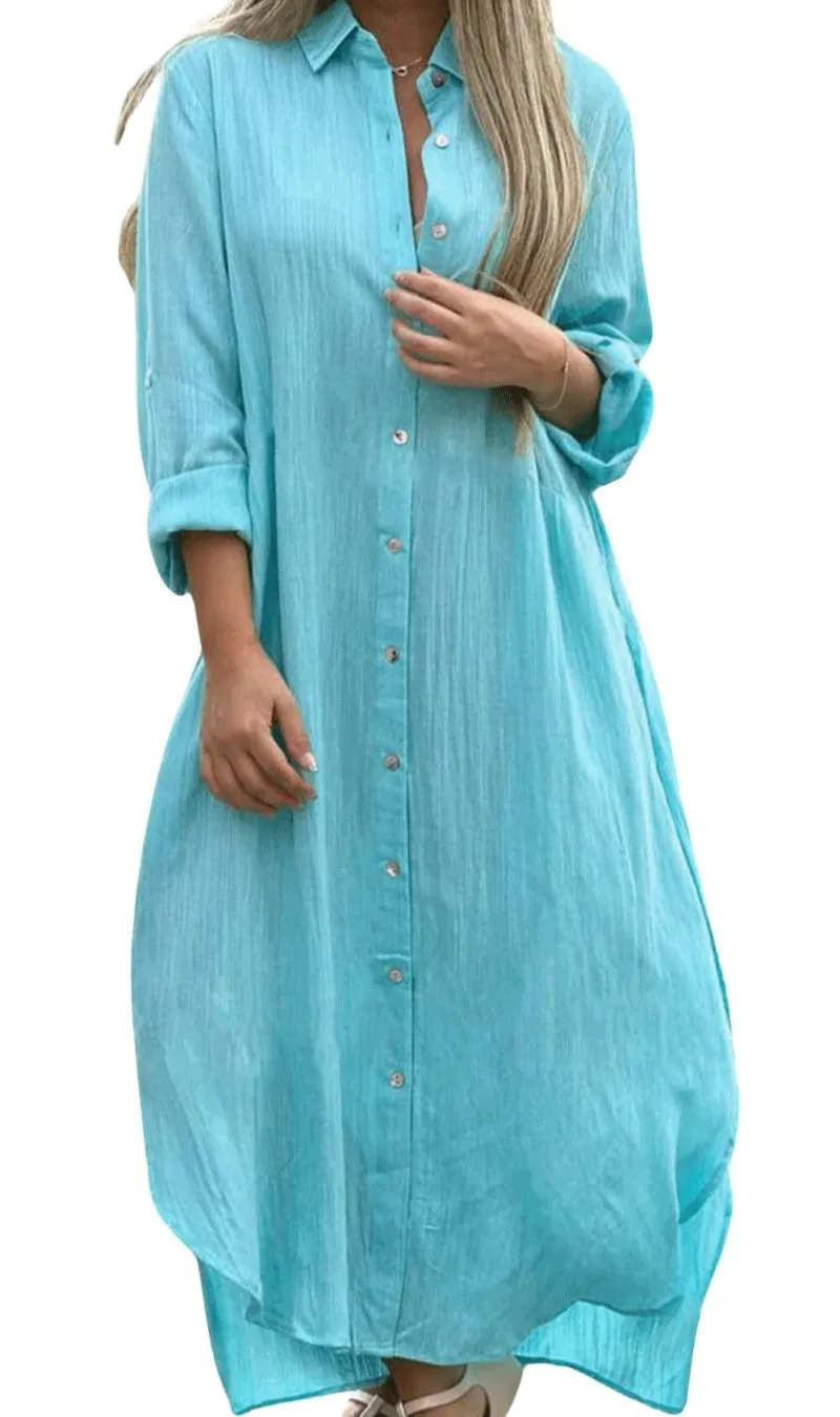 Chouyatou Summer Dresses for Women 2025 Casual Loose Split Long Sleeve Button Down Maxi Shirt Dress