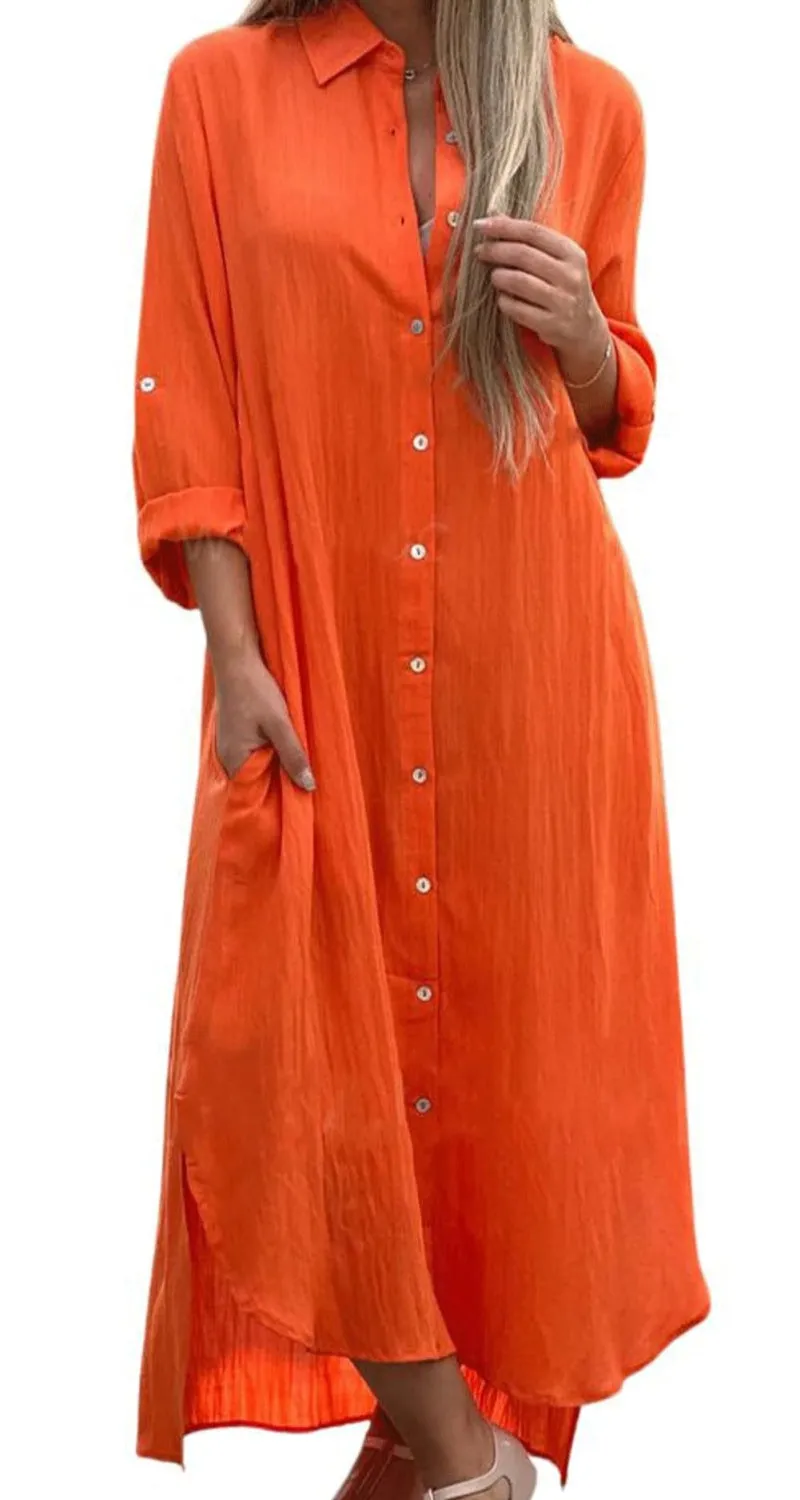 Chouyatou Summer Dresses for Women 2025 Casual Loose Split Long Sleeve Button Down Maxi Shirt Dress