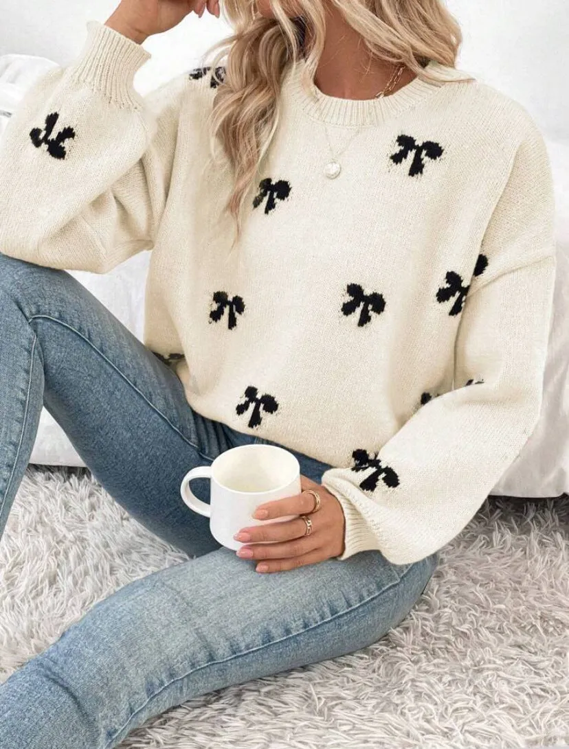 Christmas Winter Bow Decor Casual Pullover Sweater