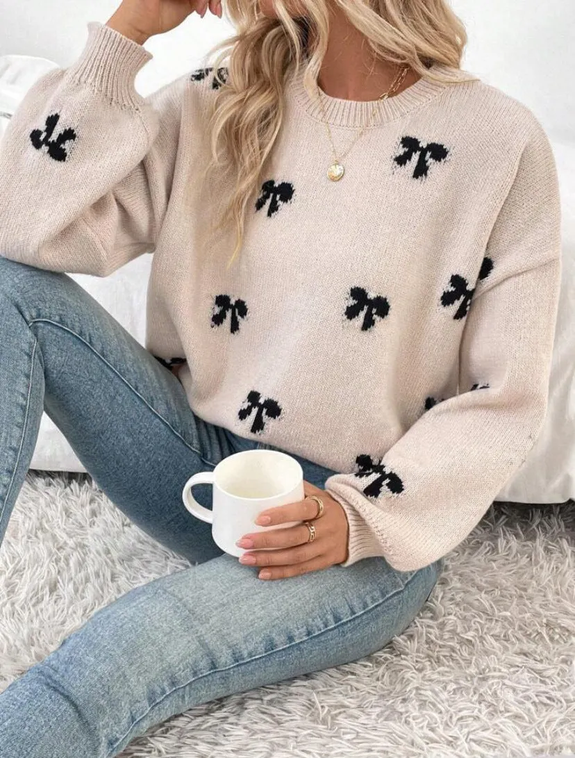 Christmas Winter Bow Decor Casual Pullover Sweater