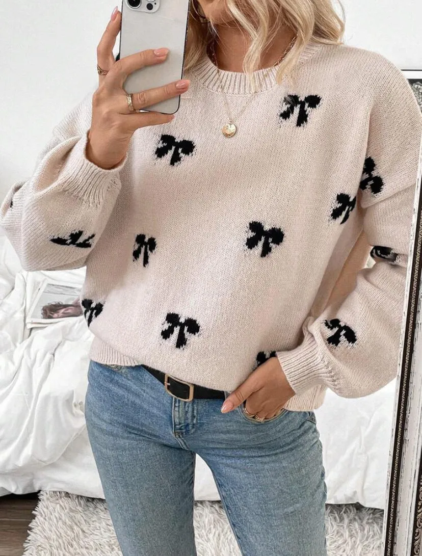 Christmas Winter Bow Decor Casual Pullover Sweater