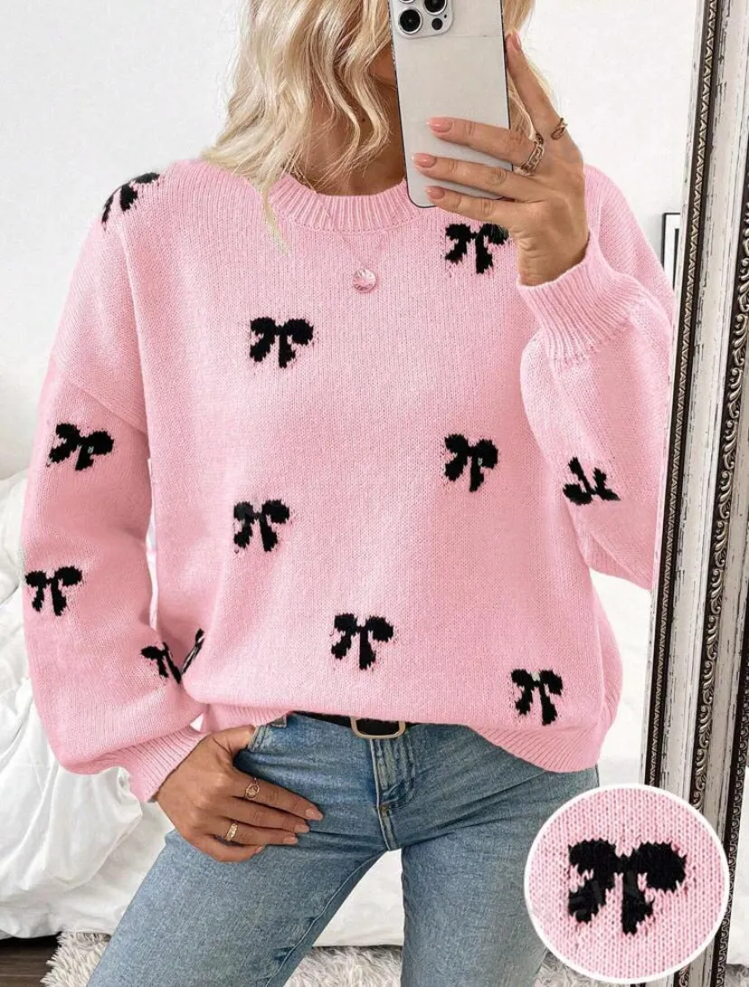 Christmas Winter Bow Decor Casual Pullover Sweater