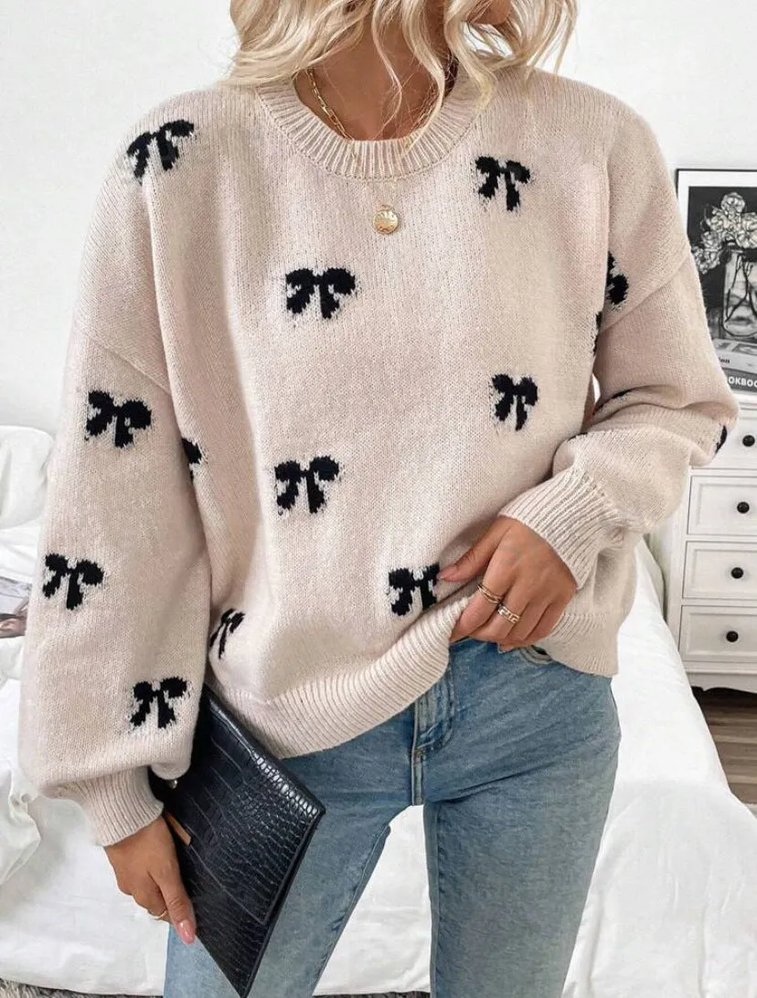 Christmas Winter Bow Decor Casual Pullover Sweater