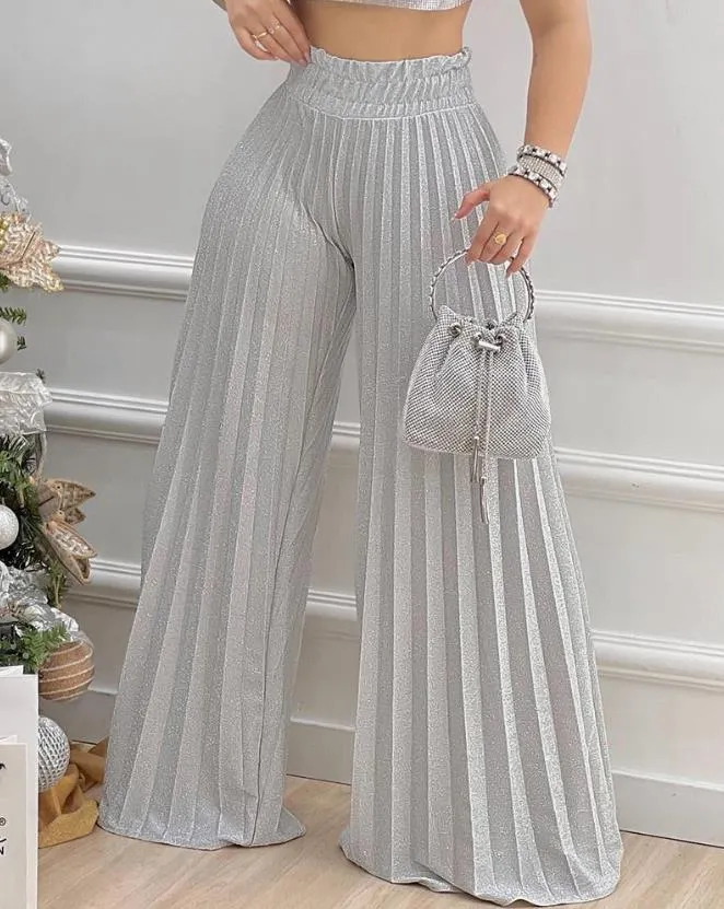 CityHottie - Casual High Waist Pleated Wide Leg Pants Plain Spring & Summer Fashion Elegant Women's Trousers Daily Lady Pants