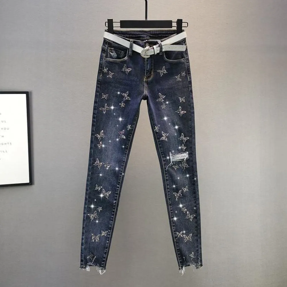 CityHottie - Hot Sales High Waist Jeans Women Beading Butterfly Fashion Ripped Jeans Casual Plus size Stretch Jeans Female Washed Denim Pencil Pants
