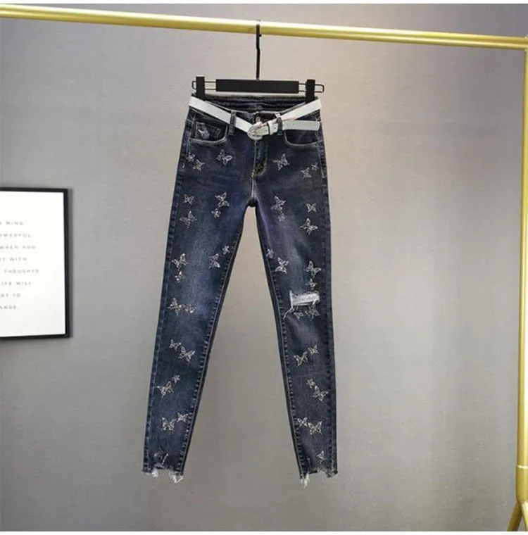 CityHottie - Hot Sales High Waist Jeans Women Beading Butterfly Fashion Ripped Jeans Casual Plus size Stretch Jeans Female Washed Denim Pencil Pants