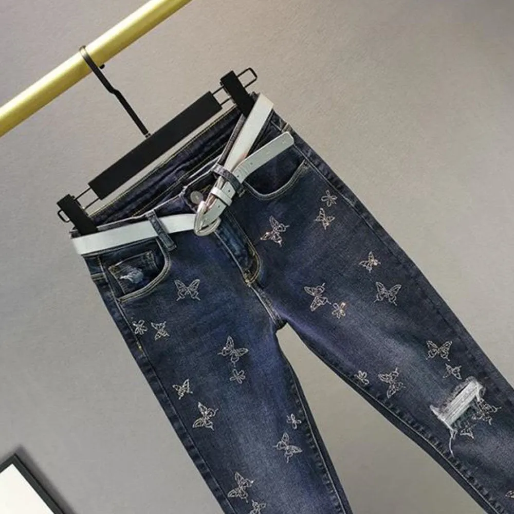 CityHottie - Hot Sales High Waist Jeans Women Beading Butterfly Fashion Ripped Jeans Casual Plus size Stretch Jeans Female Washed Denim Pencil Pants