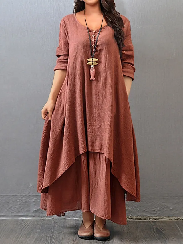 CityHottie - Women's Plus Size Casual Dress Swing Dress Solid Color Long Dress Maxi Dress Long Sleeve Button Fake two piece V Neck Basic Daily Black White Summer Spring L XL XXL 3XL 4XL