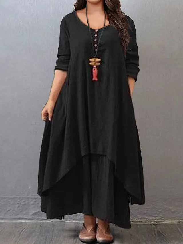 CityHottie - Women's Plus Size Casual Dress Swing Dress Solid Color Long Dress Maxi Dress Long Sleeve Button Fake two piece V Neck Basic Daily Black White Summer Spring L XL XXL 3XL 4XL