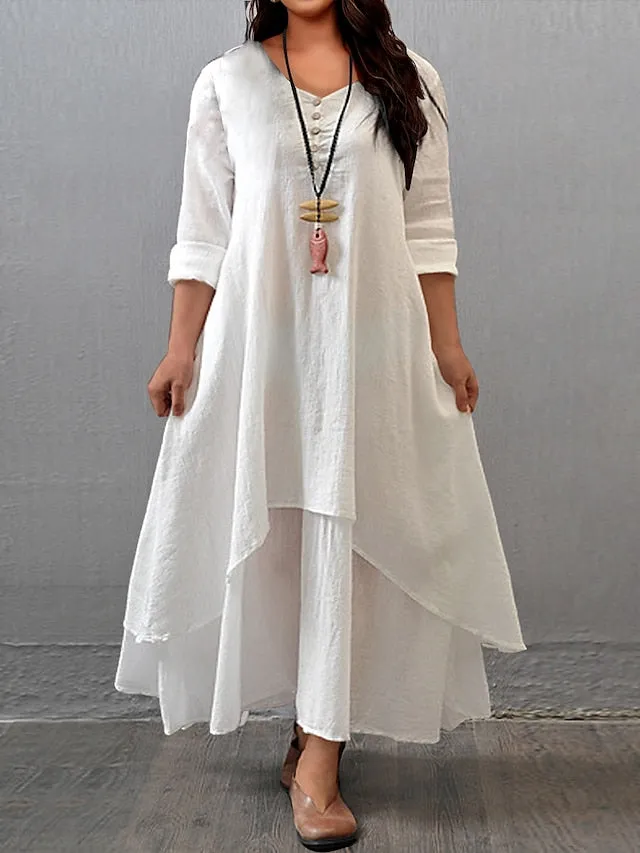 CityHottie - Women's Plus Size Casual Dress Swing Dress Solid Color Long Dress Maxi Dress Long Sleeve Button Fake two piece V Neck Basic Daily Black White Summer Spring L XL XXL 3XL 4XL