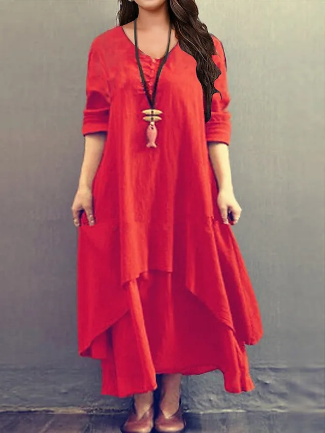 CityHottie - Women's Plus Size Casual Dress Swing Dress Solid Color Long Dress Maxi Dress Long Sleeve Button Fake two piece V Neck Basic Daily Black White Summer Spring L XL XXL 3XL 4XL