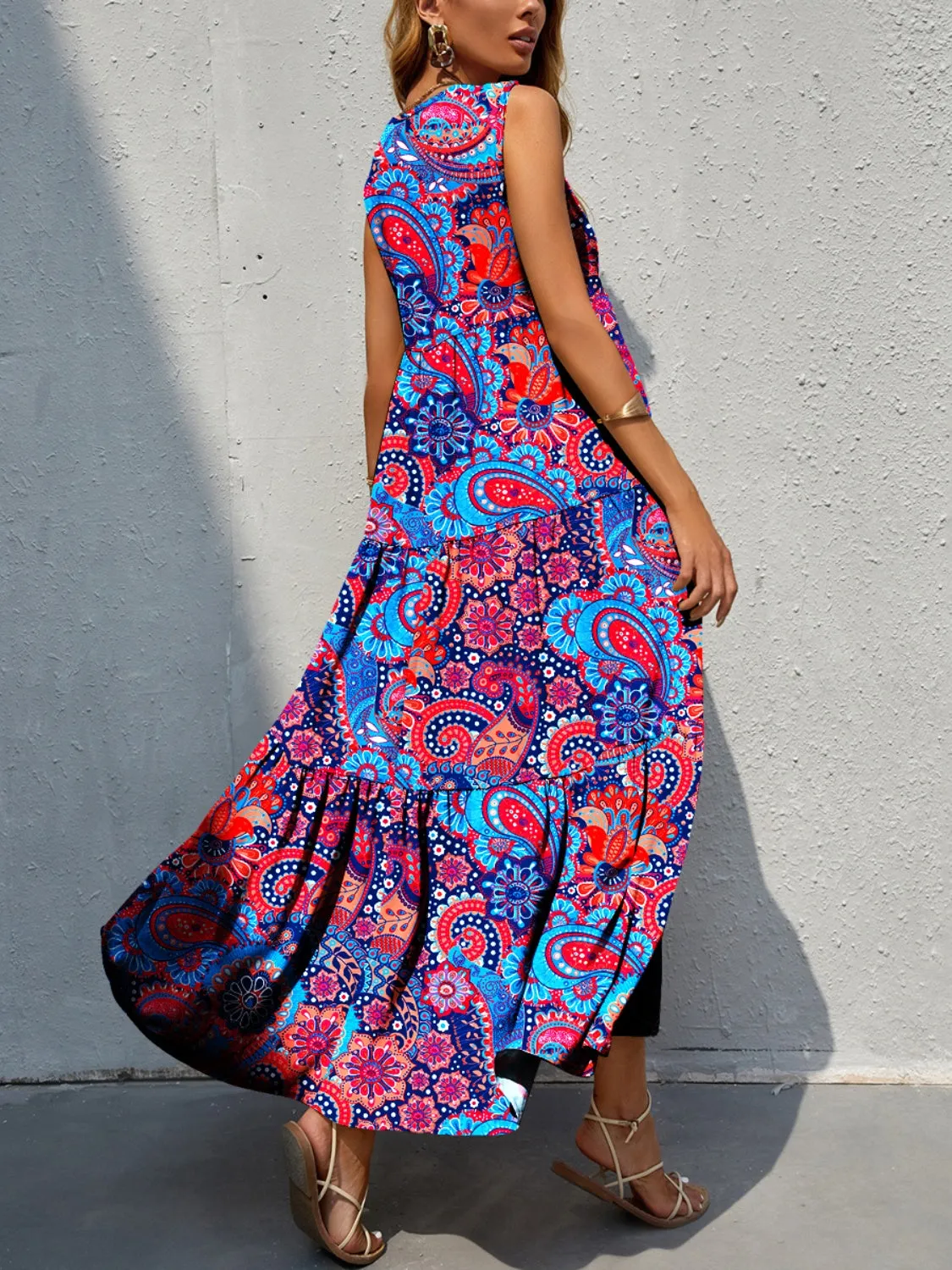 Corrine Tiered Printed V-Neck Sleeveless Dress