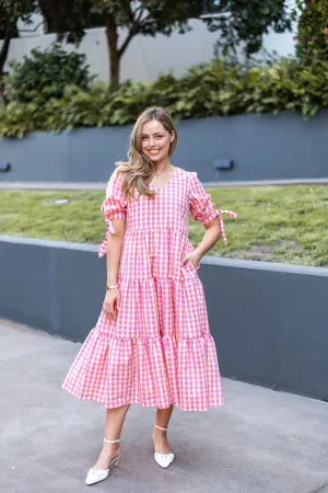 Cotton Gingham Maxi Dress In Pink/Yellow