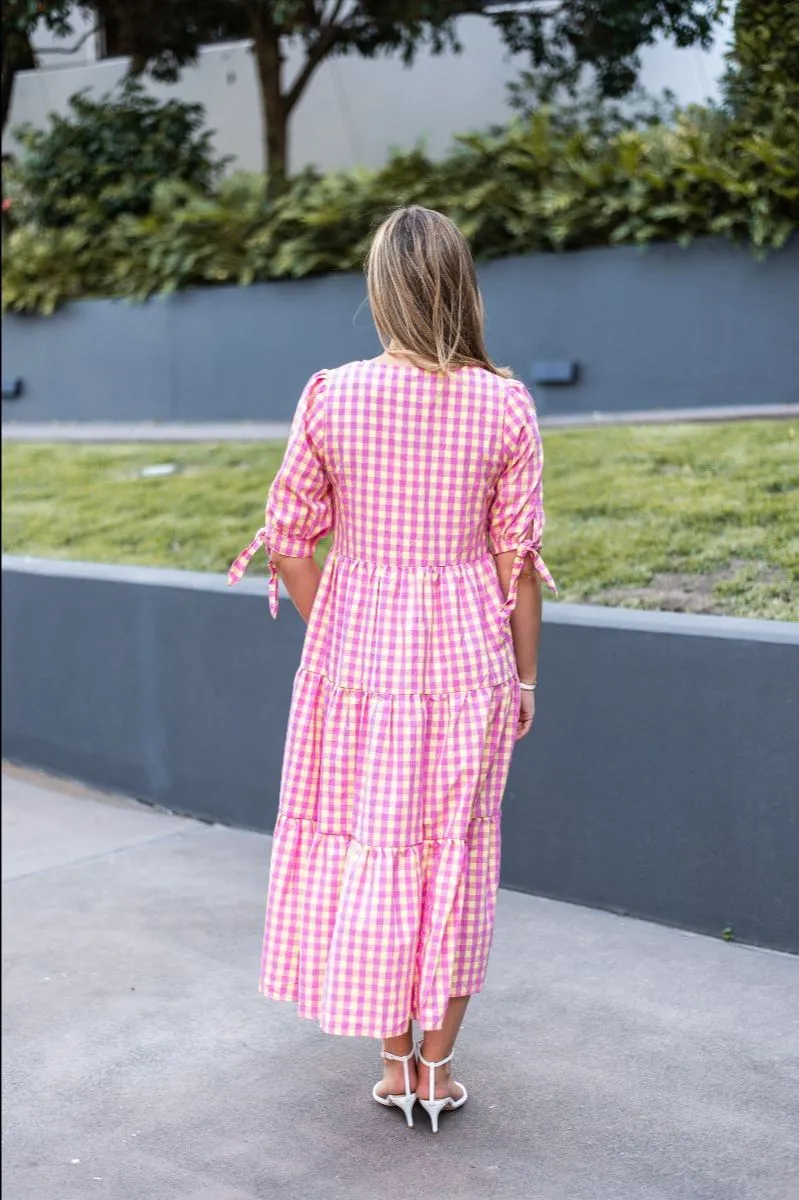 Cotton Gingham Maxi Dress In Pink/Yellow