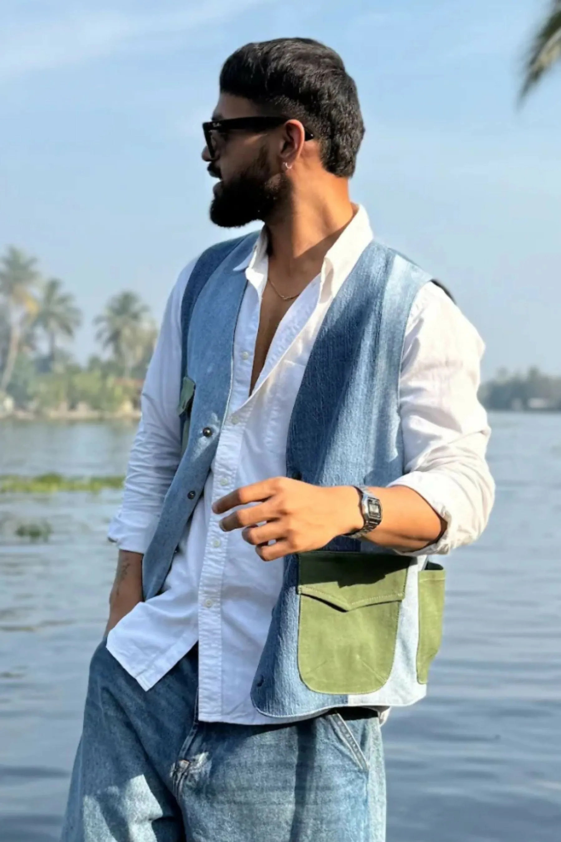 Cross-stitched Denim Gilet Jacket