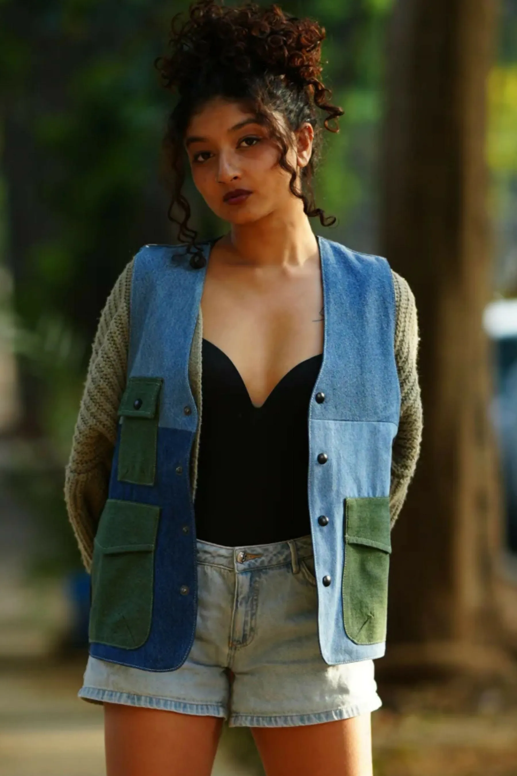 Cross-stitched Denim Gilet Jacket