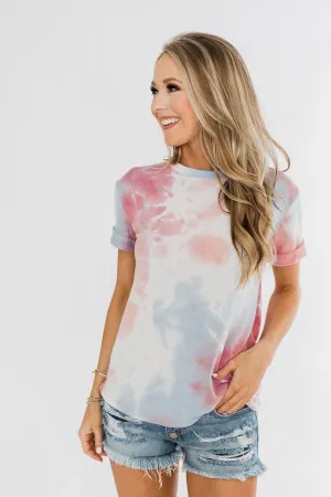 Cuffed Sleeve Tie Dye Top- White, Blue, Peachy Pink