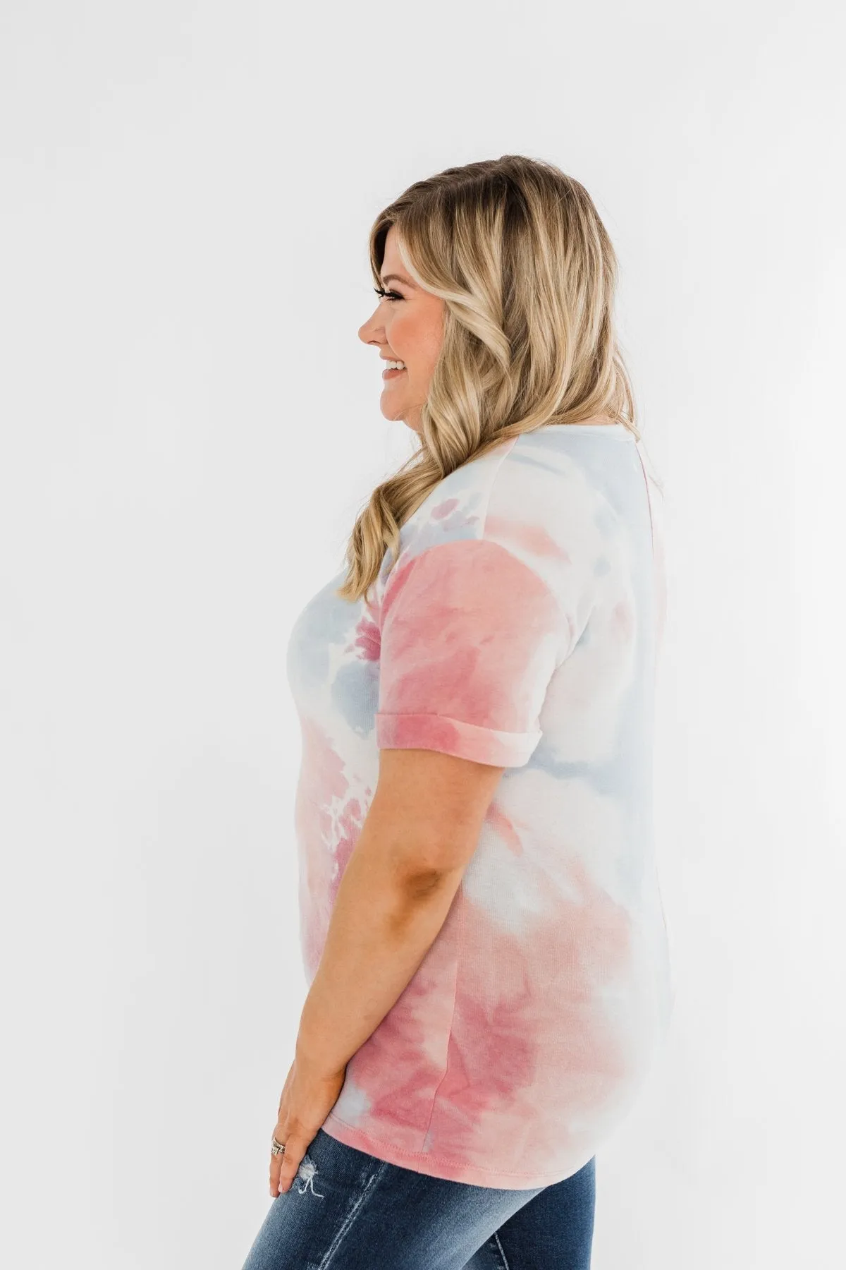 Cuffed Sleeve Tie Dye Top- White, Blue, Peachy Pink