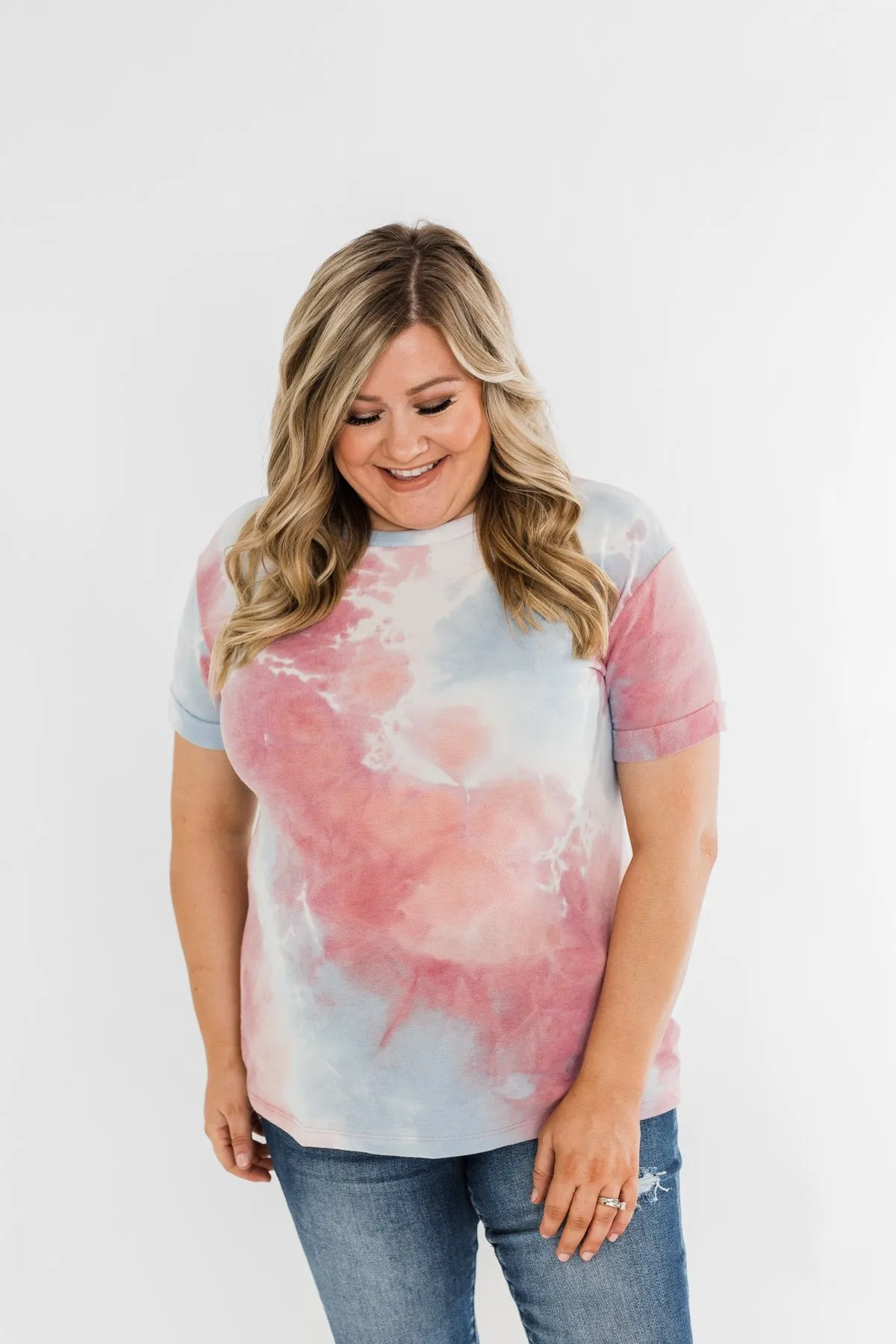 Cuffed Sleeve Tie Dye Top- White, Blue, Peachy Pink