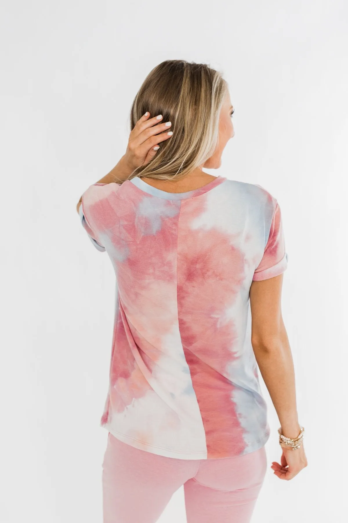 Cuffed Sleeve Tie Dye Top- White, Blue, Peachy Pink