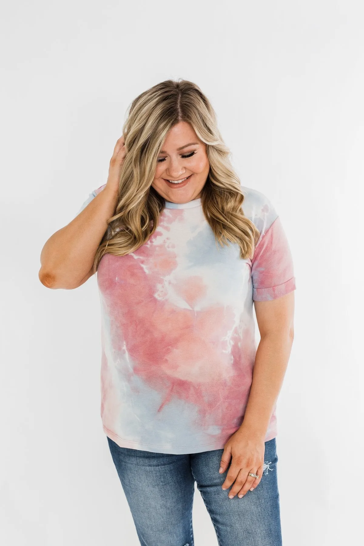 Cuffed Sleeve Tie Dye Top- White, Blue, Peachy Pink