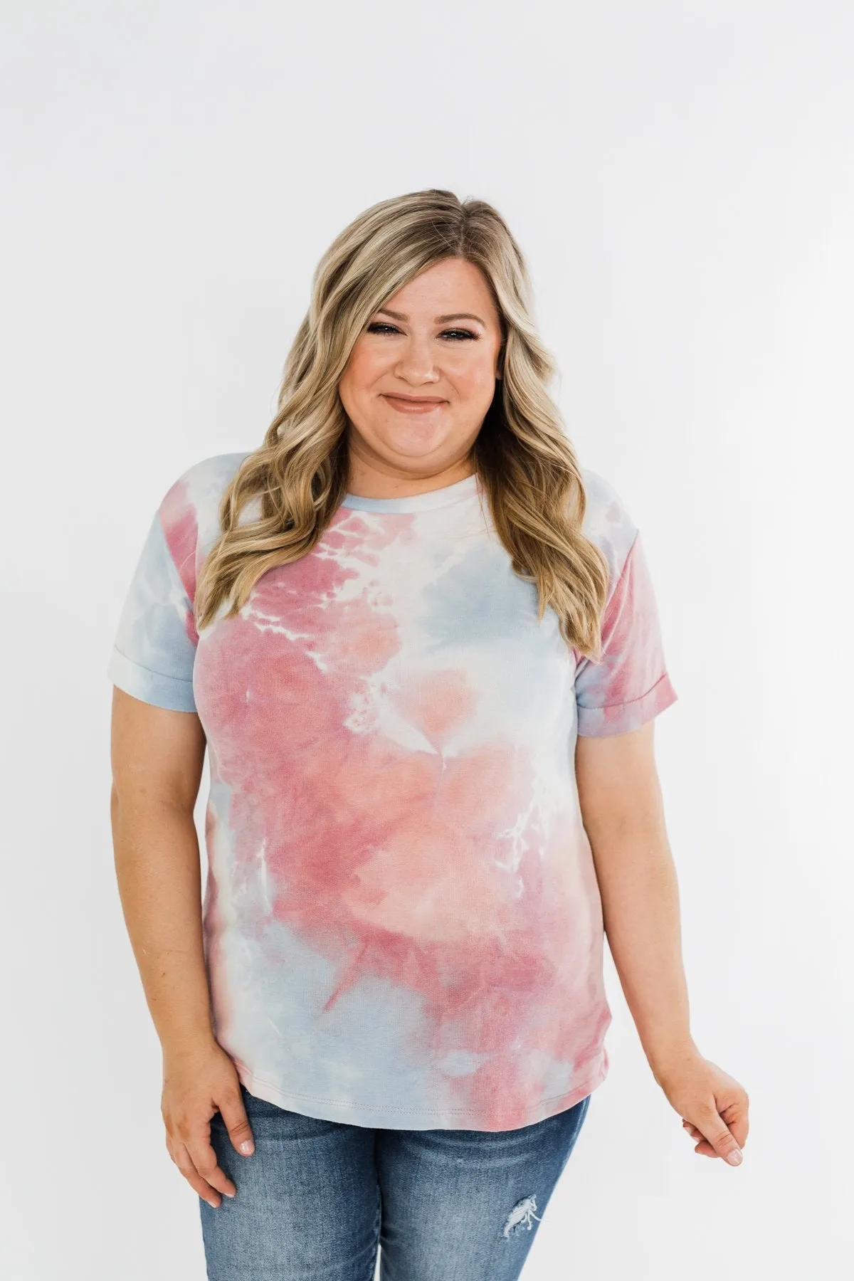 Cuffed Sleeve Tie Dye Top- White, Blue, Peachy Pink