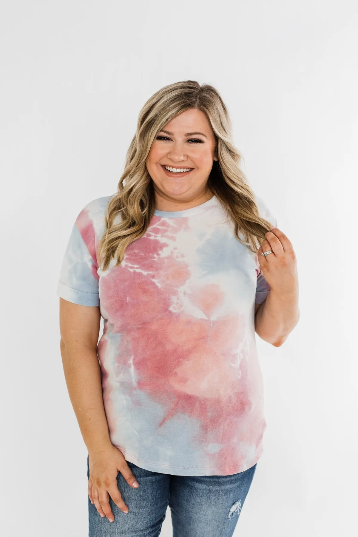 Cuffed Sleeve Tie Dye Top- White, Blue, Peachy Pink