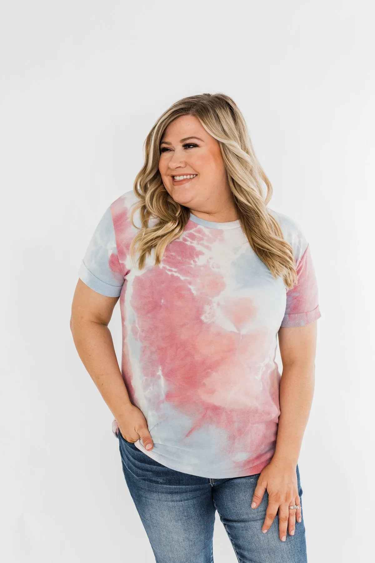 Cuffed Sleeve Tie Dye Top- White, Blue, Peachy Pink