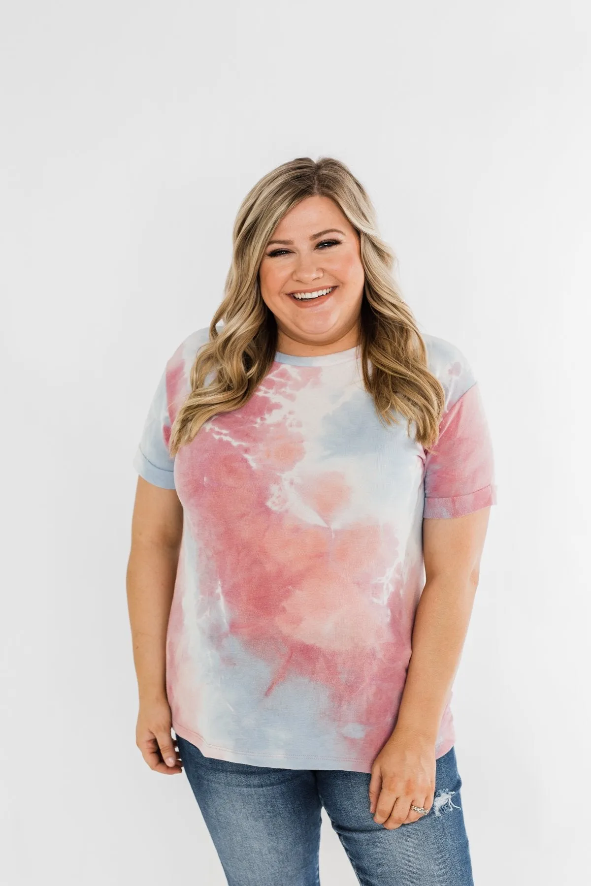 Cuffed Sleeve Tie Dye Top- White, Blue, Peachy Pink