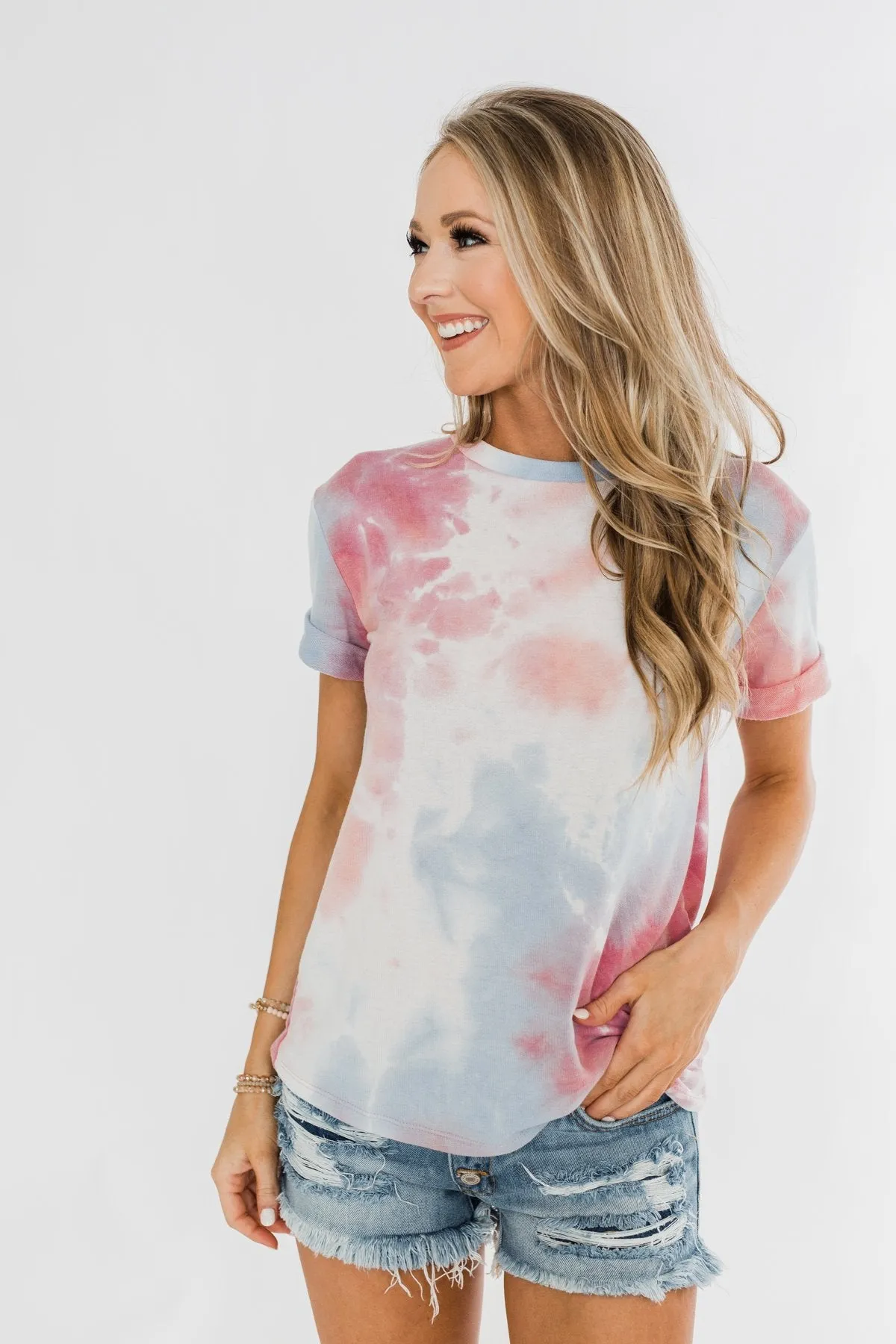 Cuffed Sleeve Tie Dye Top- White, Blue, Peachy Pink