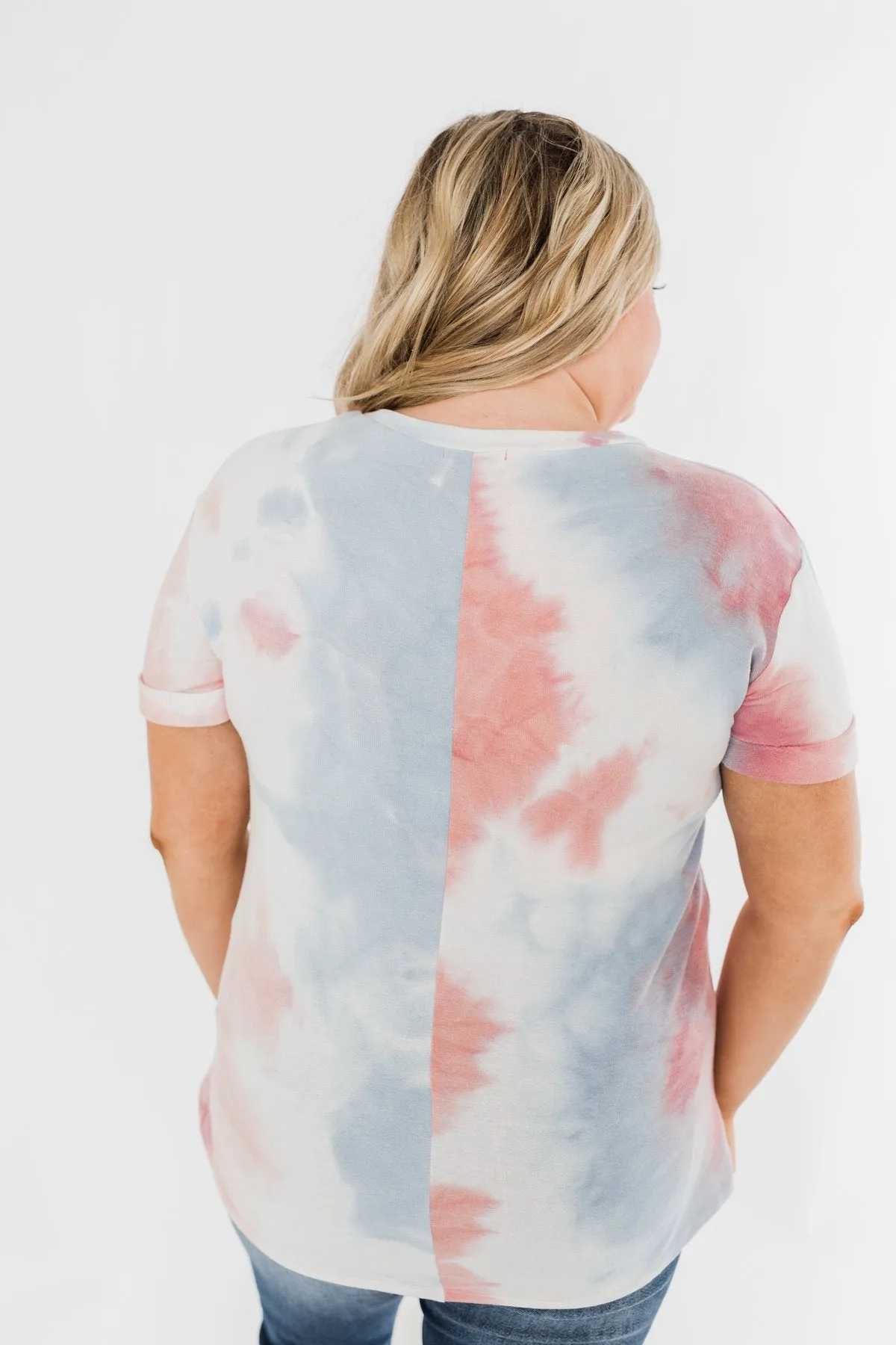 Cuffed Sleeve Tie Dye Top- White, Blue, Peachy Pink
