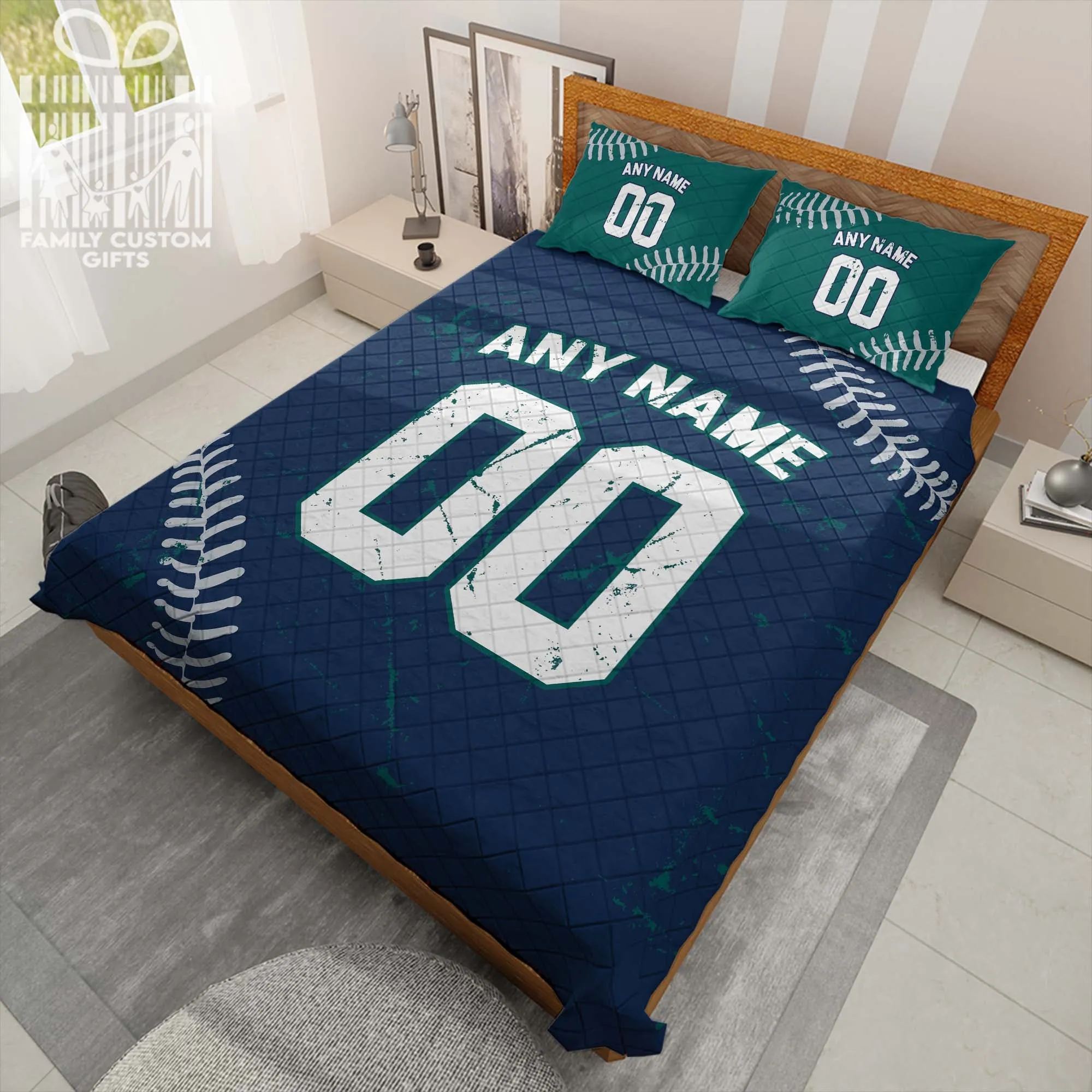 Custom Quilt Sets Seattle Jersey Personalized Baseball Premium Quilt Bedding for Men Women