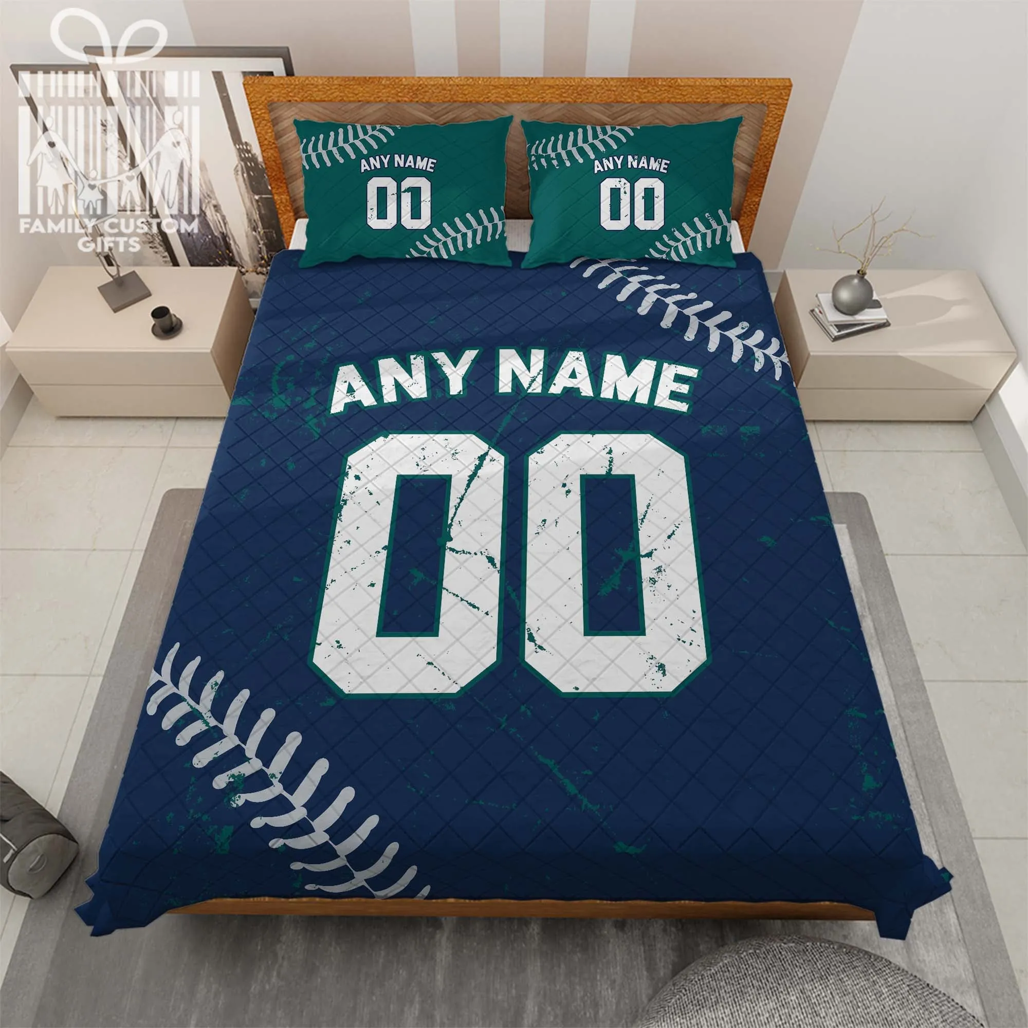 Custom Quilt Sets Seattle Jersey Personalized Baseball Premium Quilt Bedding for Men Women