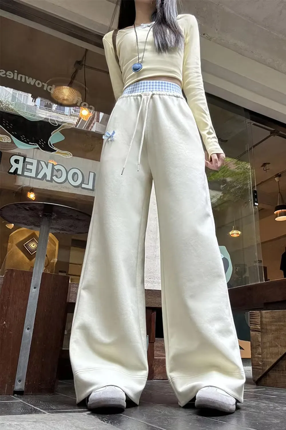 Cute Bow Plaid Waist Patchwork Loose Pants
