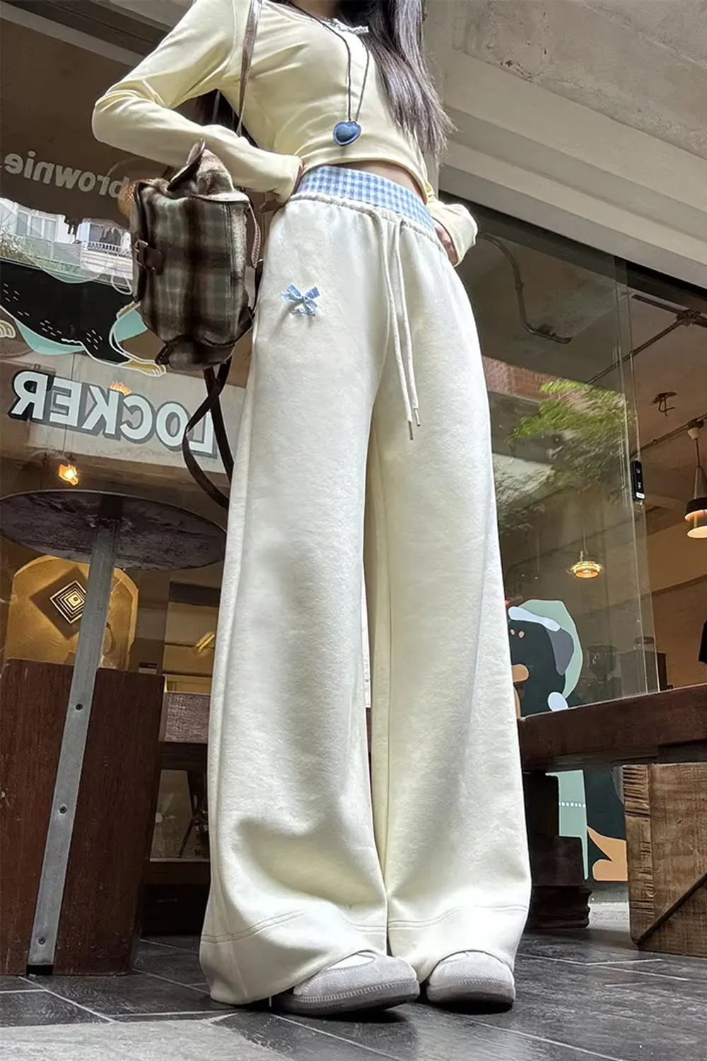 Cute Bow Plaid Waist Patchwork Loose Pants